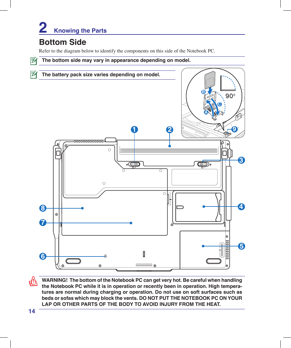 Bottom side | Asus X53Q User Manual | Page 14 / 85