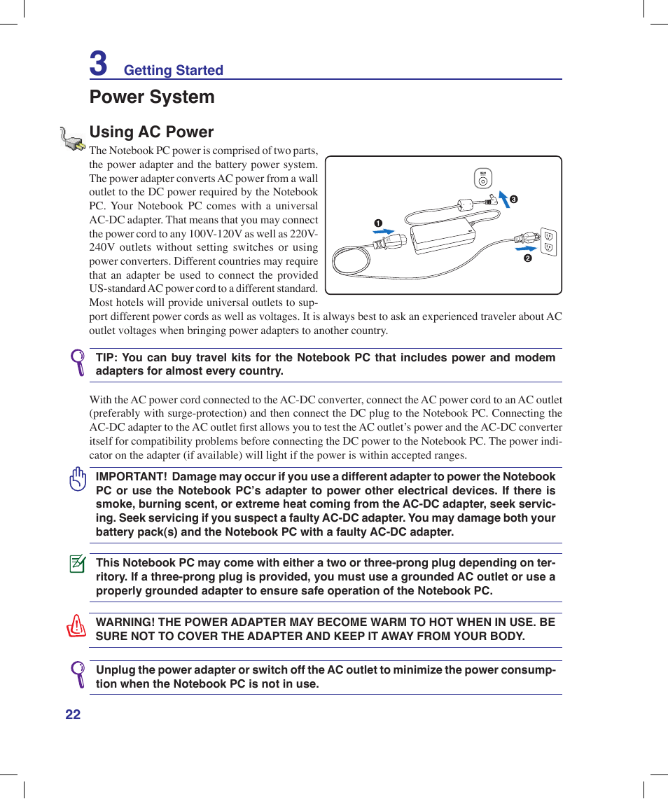 Power system, Using ac power | Asus X53Q User Manual | Page 22 / 85