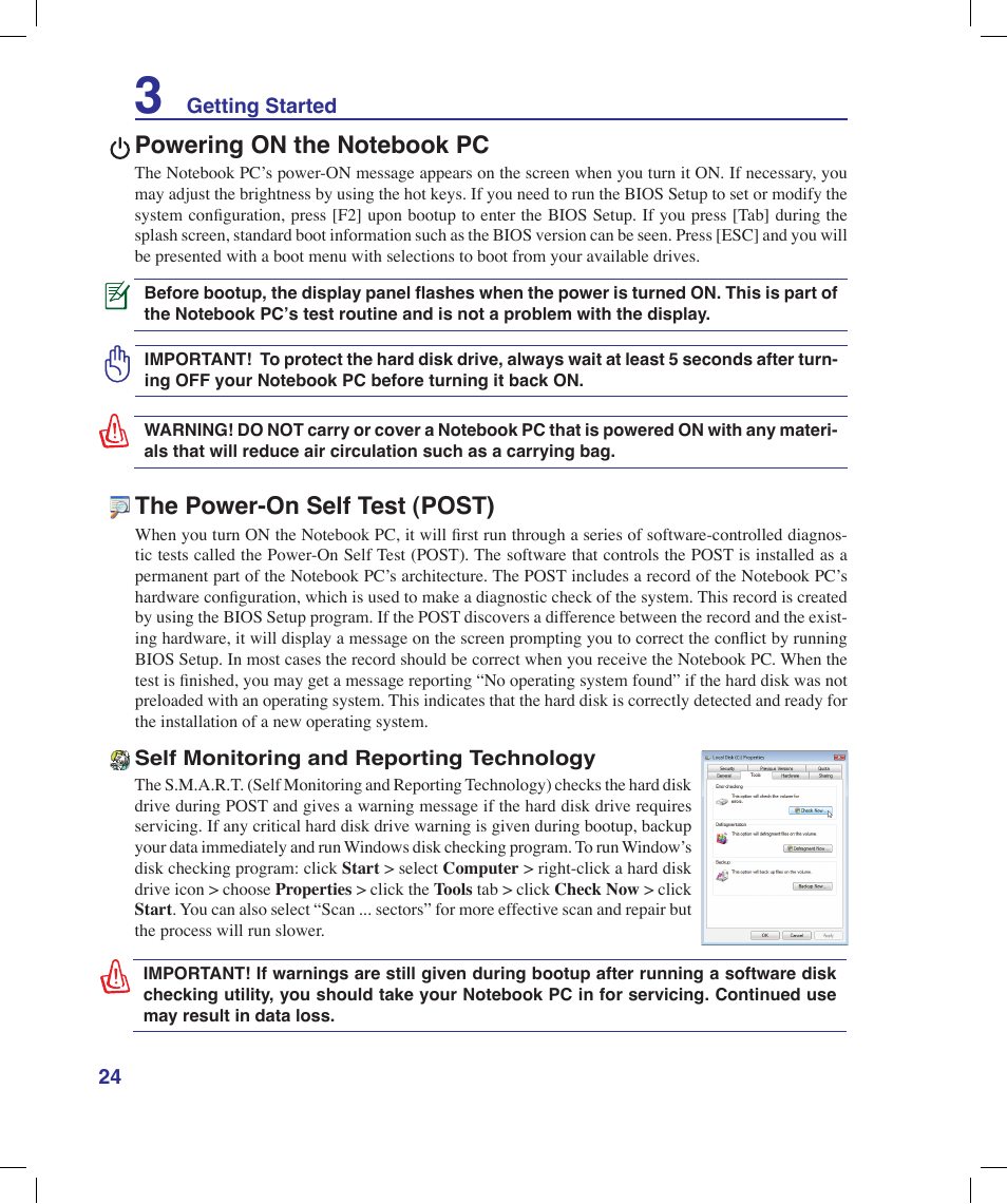 Powering on the notebook pc, The power-on self test (post) | Asus X53Q User Manual | Page 24 / 85