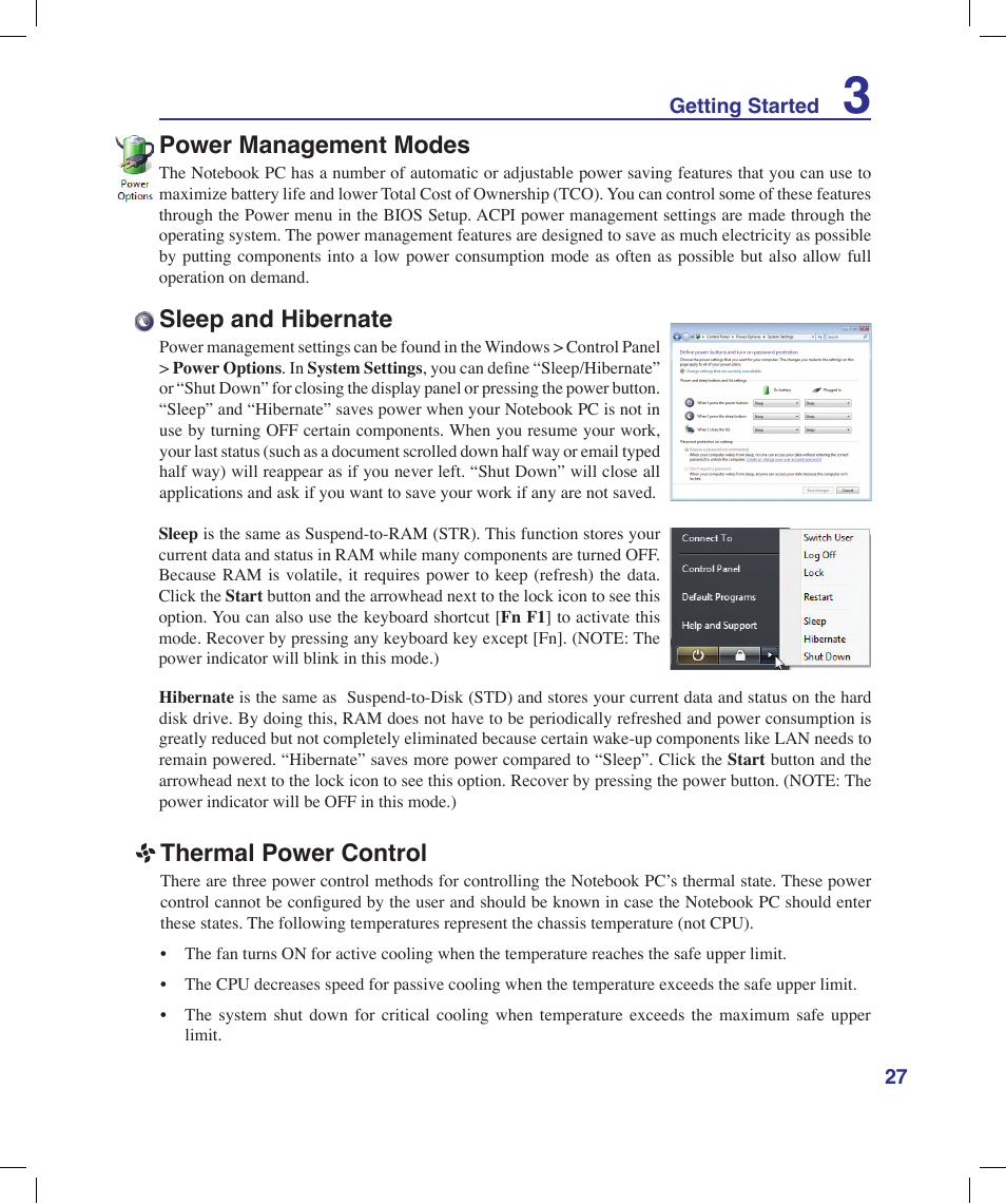 Power management modes, Sleep and hibernate, Thermal power control | Asus X53Q User Manual | Page 27 / 85
