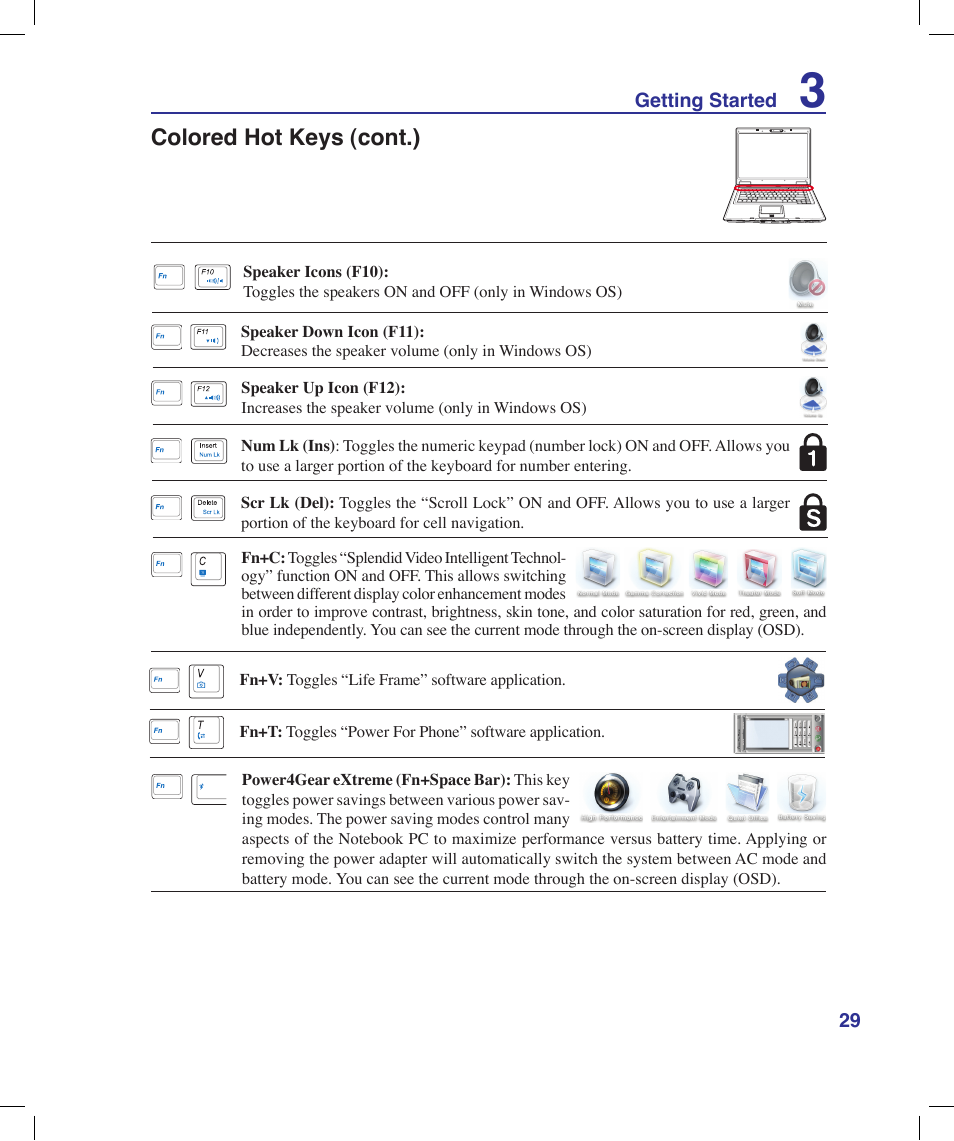 Colored hot keys (cont.) | Asus X53Q User Manual | Page 29 / 85