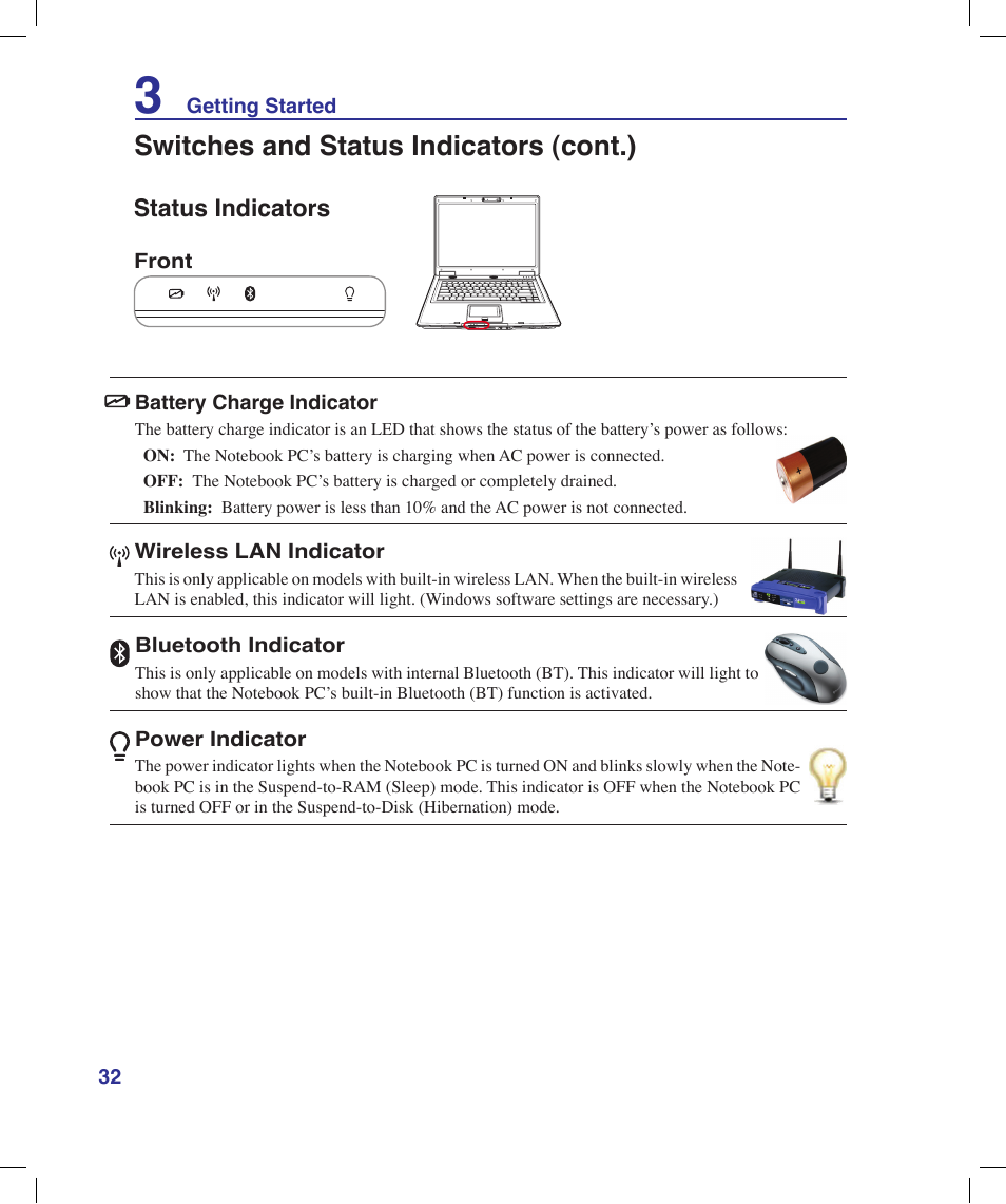 Status indicators, Switches and status indicators (cont.) | Asus X53Q User Manual | Page 32 / 85