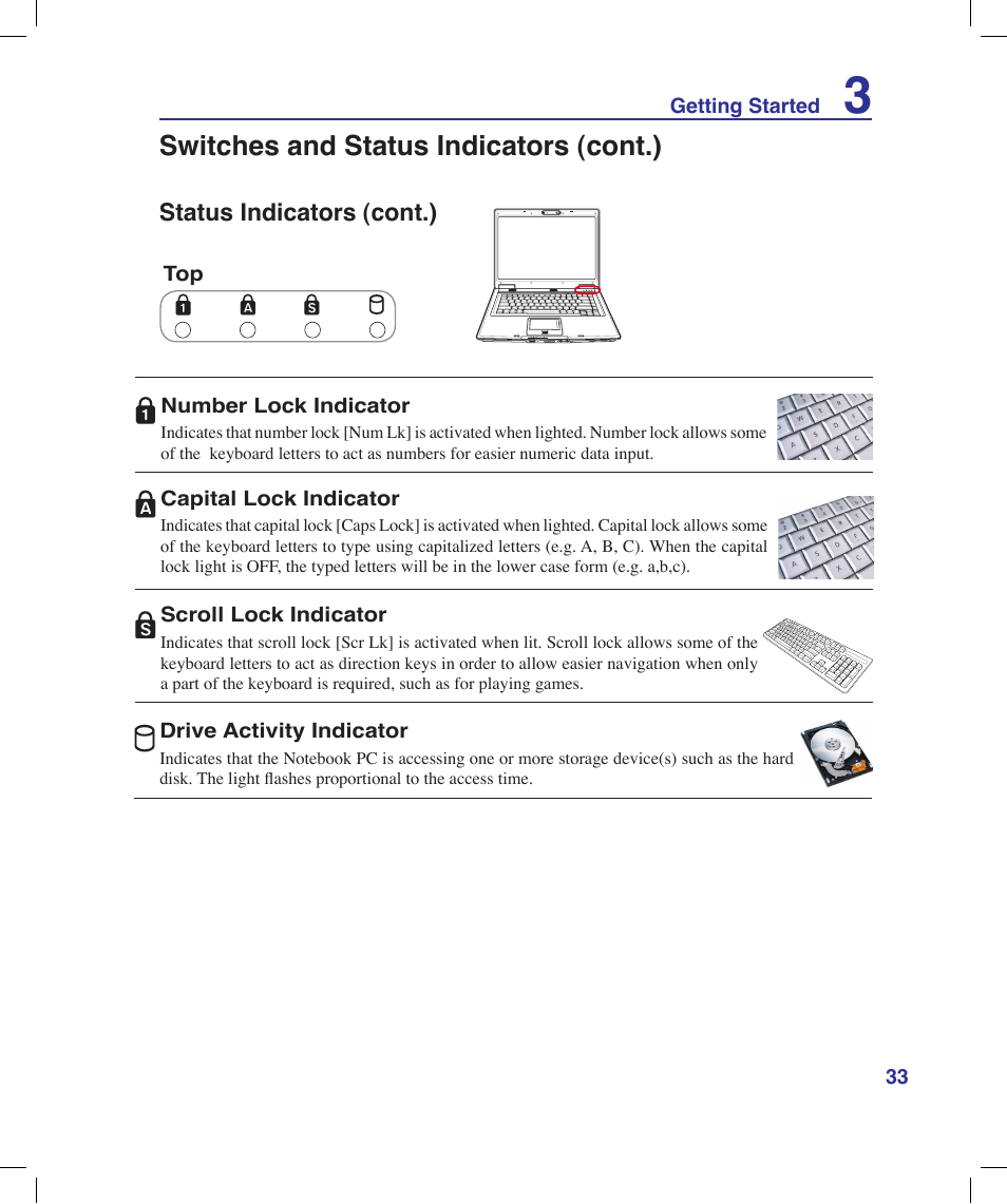 Switches and status indicators (cont.) | Asus X53Q User Manual | Page 33 / 85