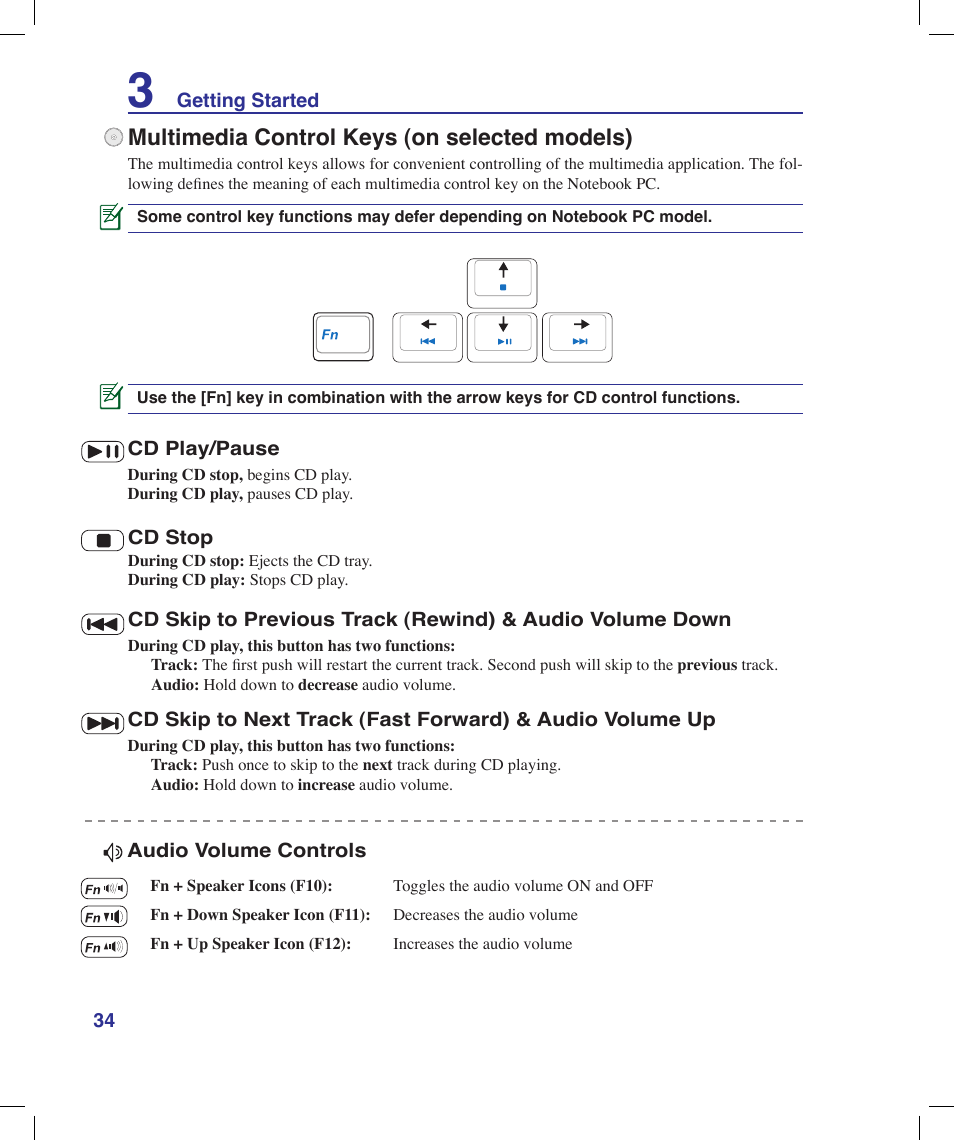 Multimedia control keys (on selected models) | Asus X53Q User Manual | Page 34 / 85