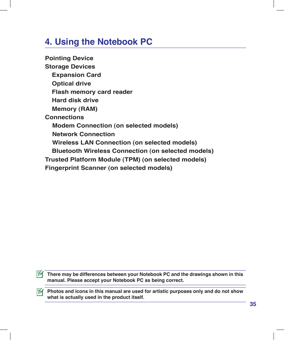 Using the notebook pc | Asus X53Q User Manual | Page 35 / 85