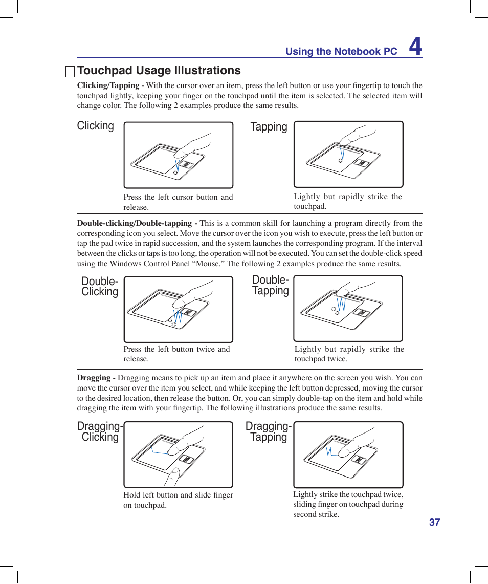 Touchpad usage illustrations | Asus X53Q User Manual | Page 37 / 85