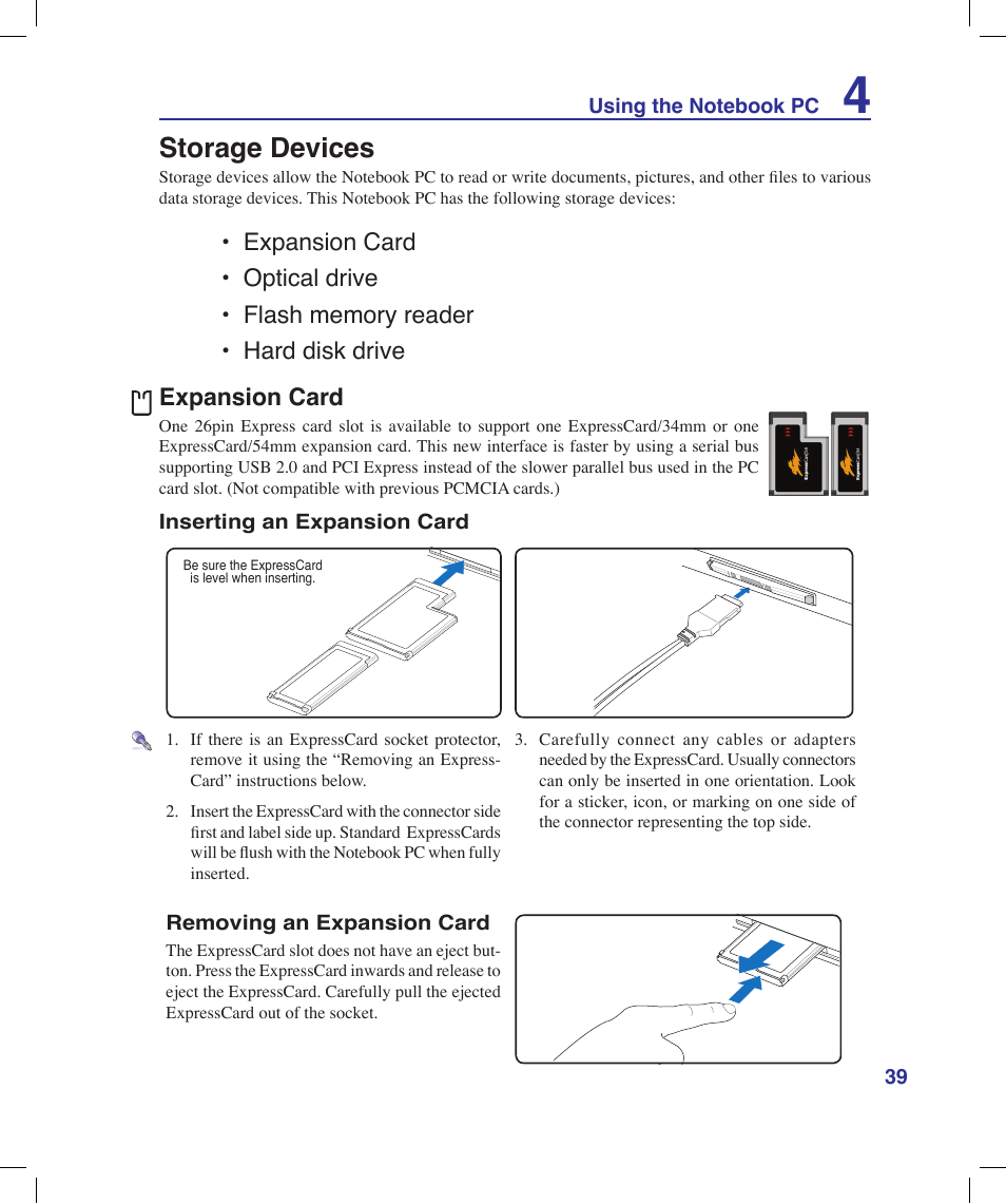 Storage devices, Expansion card | Asus X53Q User Manual | Page 39 / 85