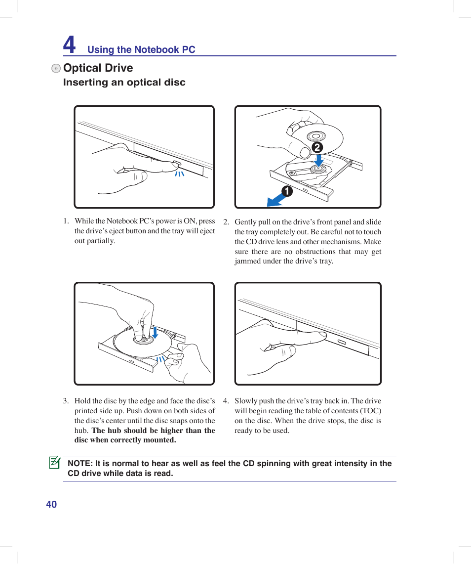 Optical drive | Asus X53Q User Manual | Page 40 / 85