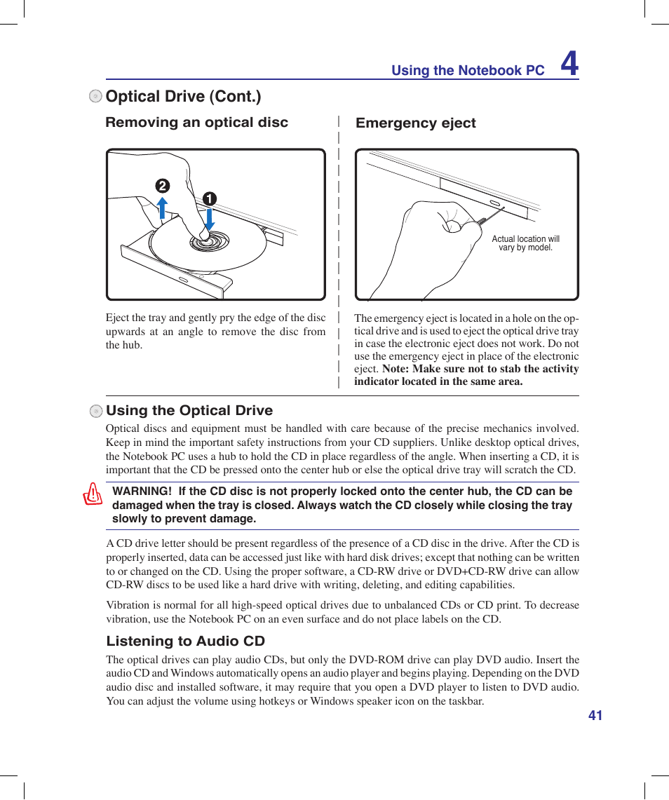 Optical drive (cont.) | Asus X53Q User Manual | Page 41 / 85