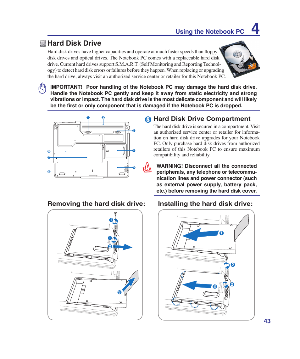 Hard disk drive, Hard disk drive compartment | Asus X53Q User Manual | Page 43 / 85