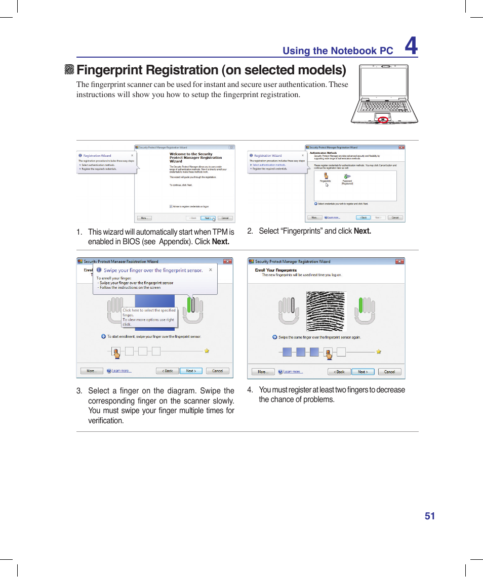 Fingerprint registration (on selected models) | Asus X53Q User Manual | Page 51 / 85