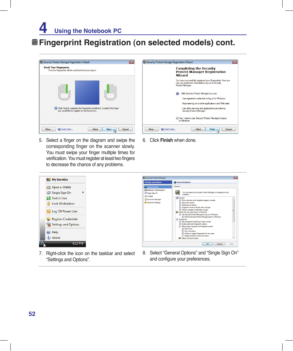 Fingerprint registration (on selected models) cont | Asus X53Q User Manual | Page 52 / 85