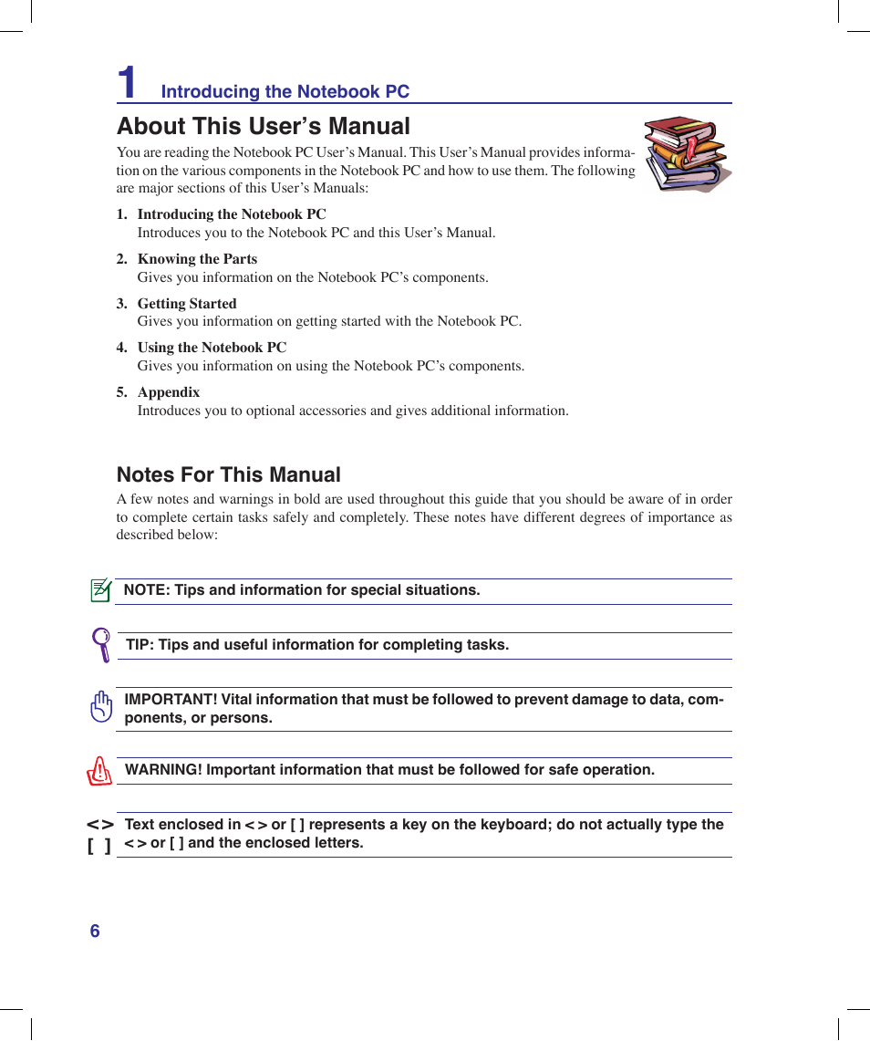 About this user’s manual, Notes for this manual | Asus X53Q User Manual | Page 6 / 85