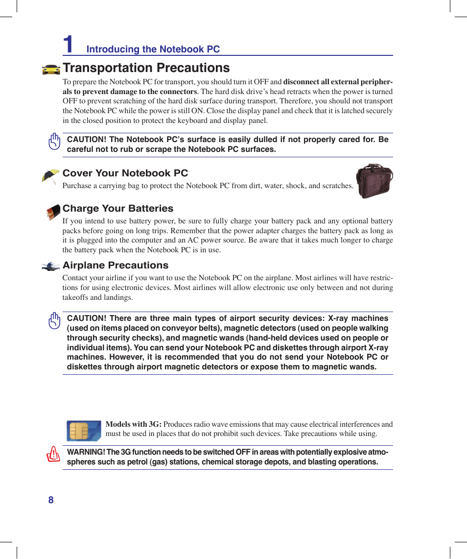 Transportation precautions | Asus X53Q User Manual | Page 8 / 85