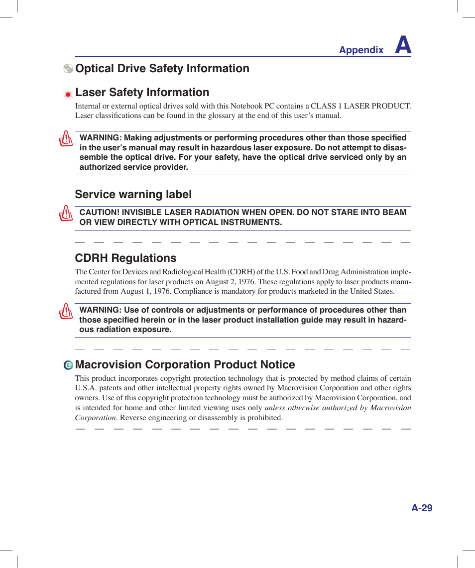 Service warning label, Cdrh regulations, Macrovision corporation product notice | Asus X53Q User Manual | Page 81 / 85