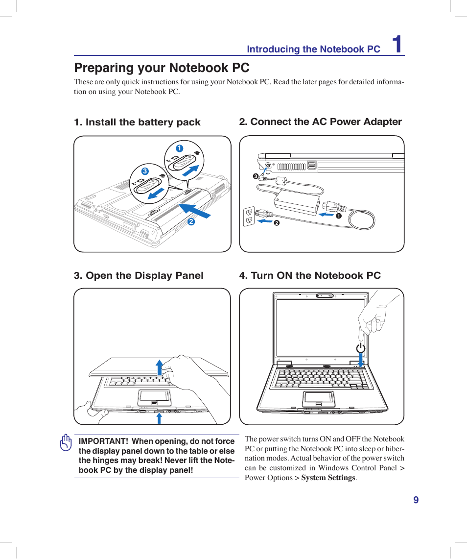 Preparing your notebook pc | Asus X53Q User Manual | Page 9 / 85