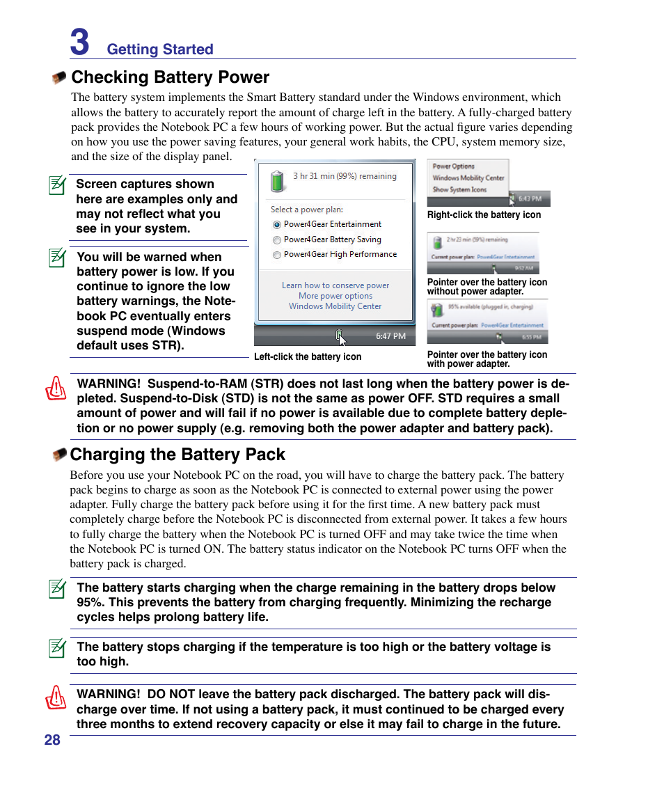 Checking battery power, Charging the battery pack | Asus X61Z User Manual | Page 28 / 88