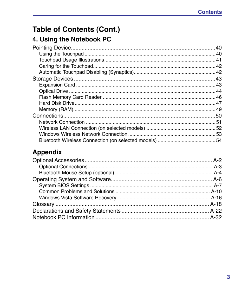 Table of contents (cont.), Appendix | Asus X61Z User Manual | Page 3 / 88