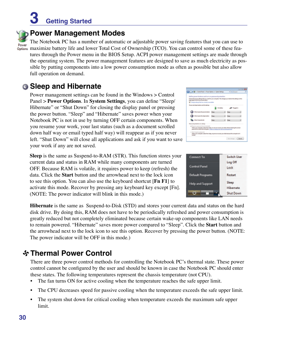 Power management modes, Sleep and hibernate, Thermal power control | Asus X61Z User Manual | Page 30 / 88