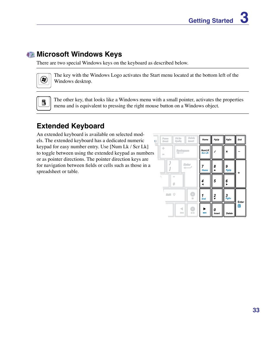 Microsoft windows keys, Extended keyboard | Asus X61Z User Manual | Page 33 / 88