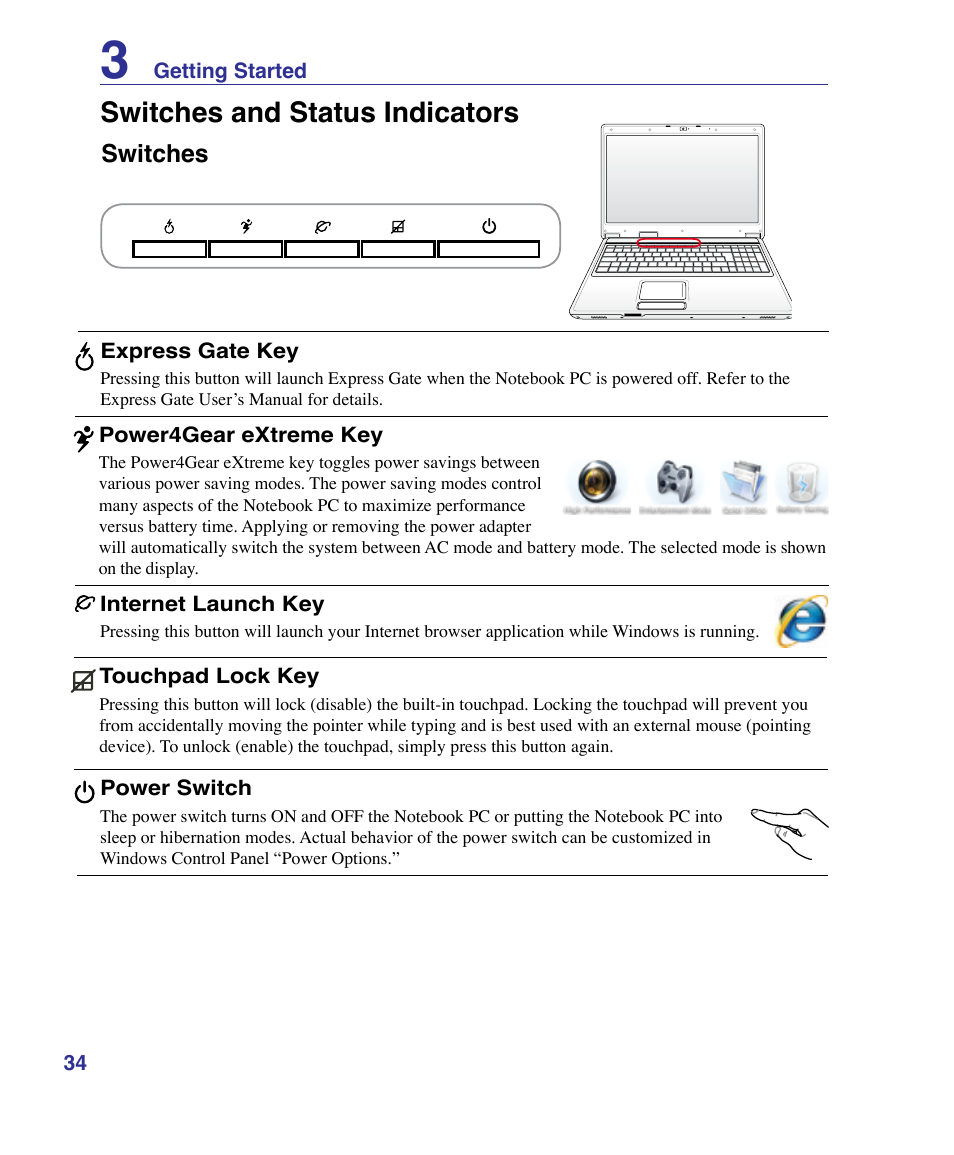 Switches and status indicators, Switches | Asus X61Z User Manual | Page 34 / 88