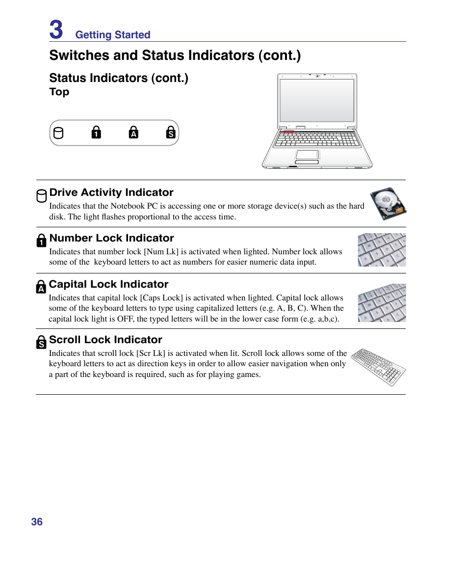 Switches and status indicators (cont.) | Asus X61Z User Manual | Page 36 / 88