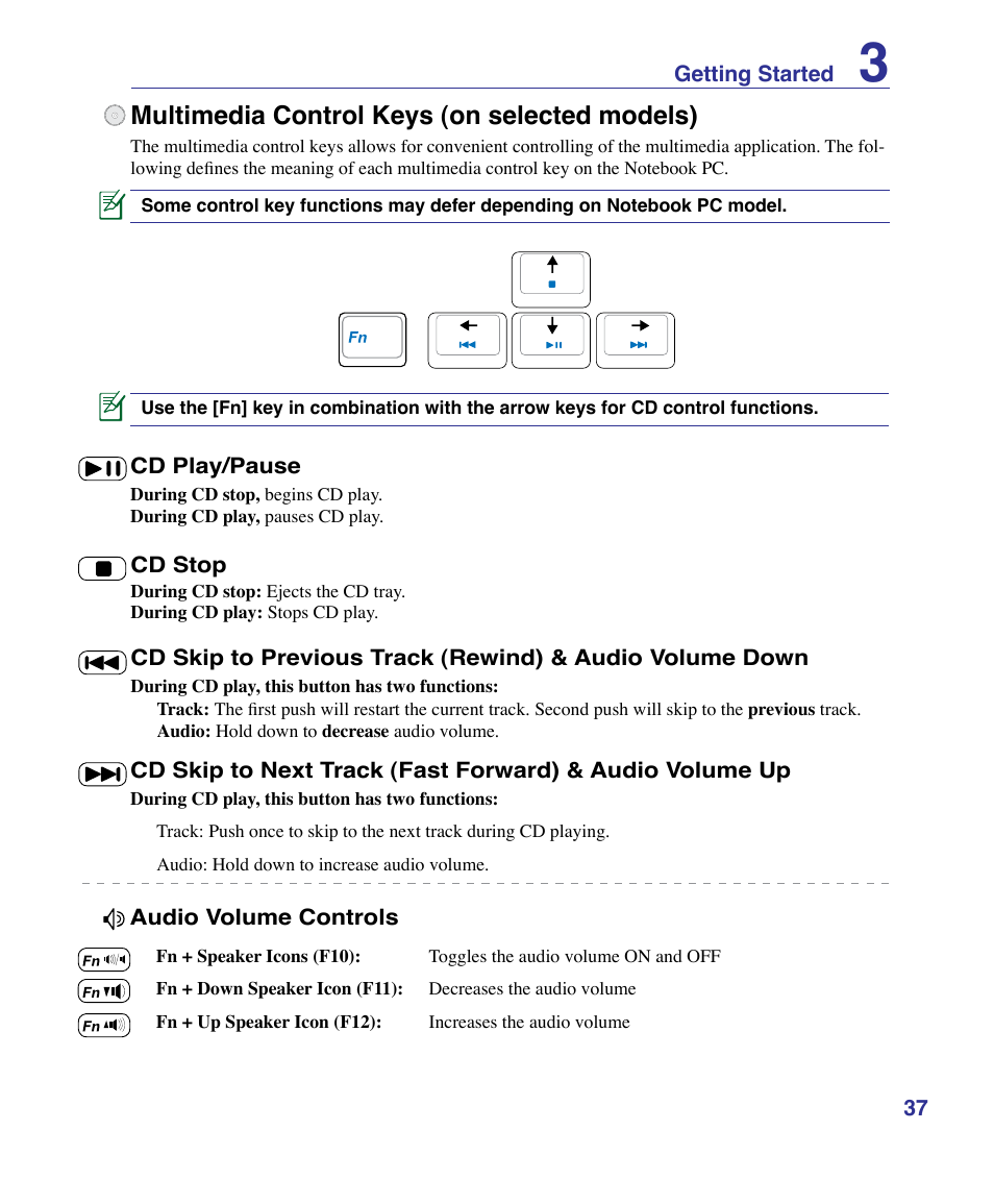 Multimedia control keys (on selected models) | Asus X61Z User Manual | Page 37 / 88