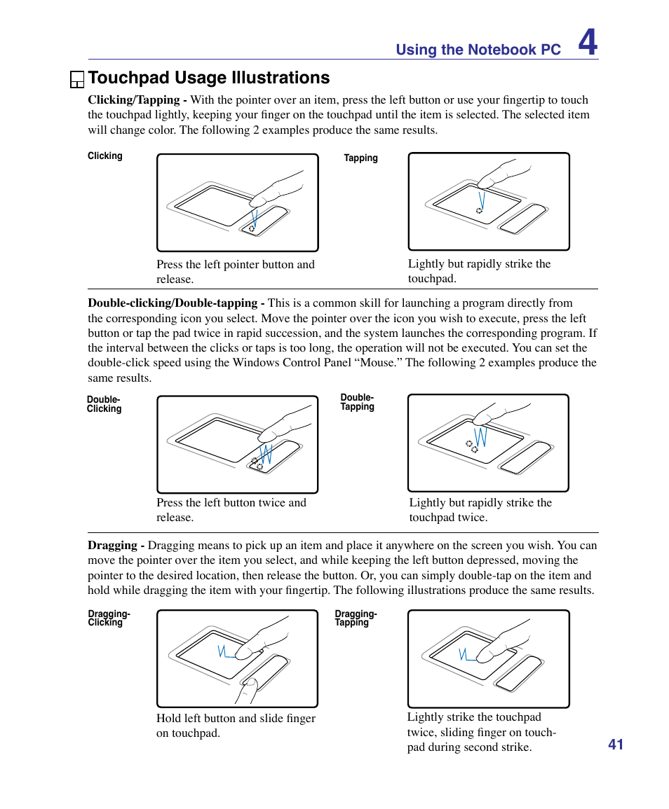 Touchpad usage illustrations | Asus X61Z User Manual | Page 41 / 88