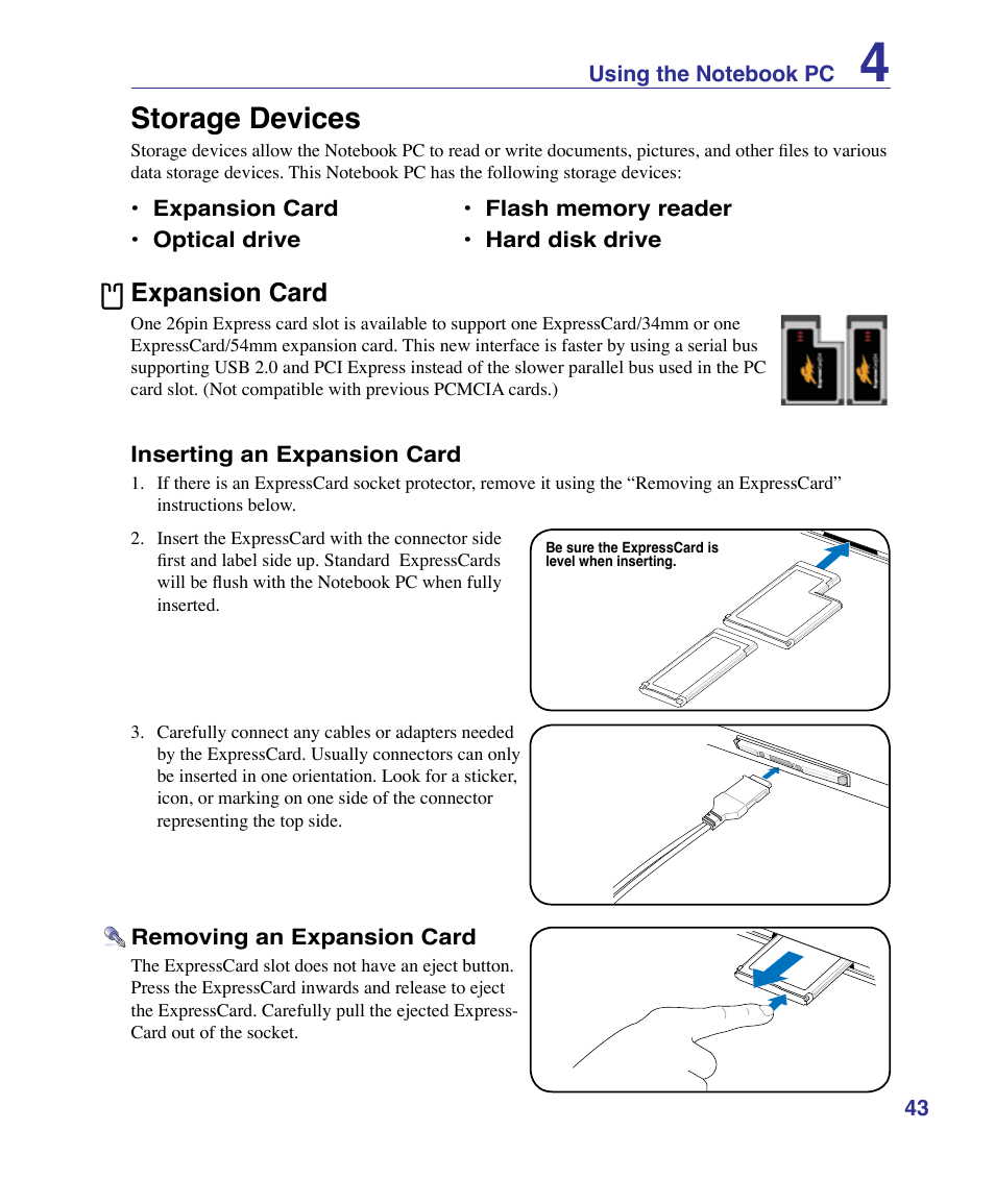 Storage devices, Expansion card | Asus X61Z User Manual | Page 43 / 88