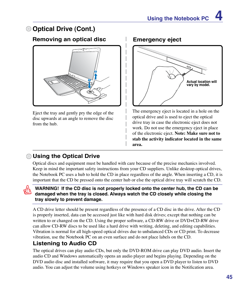 Optical drive (cont.) | Asus X61Z User Manual | Page 45 / 88