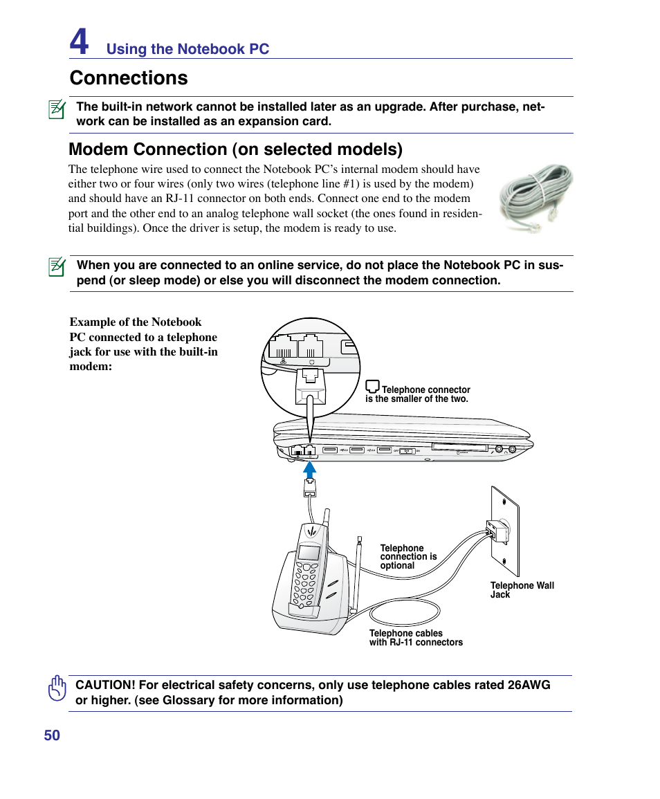 Connections, Modem connection (on selected models) | Asus X61Z User Manual | Page 50 / 88