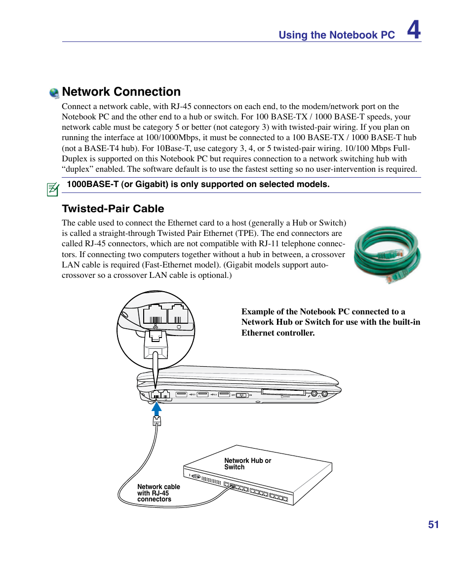 Network connection, Twisted-pair cable | Asus X61Z User Manual | Page 51 / 88