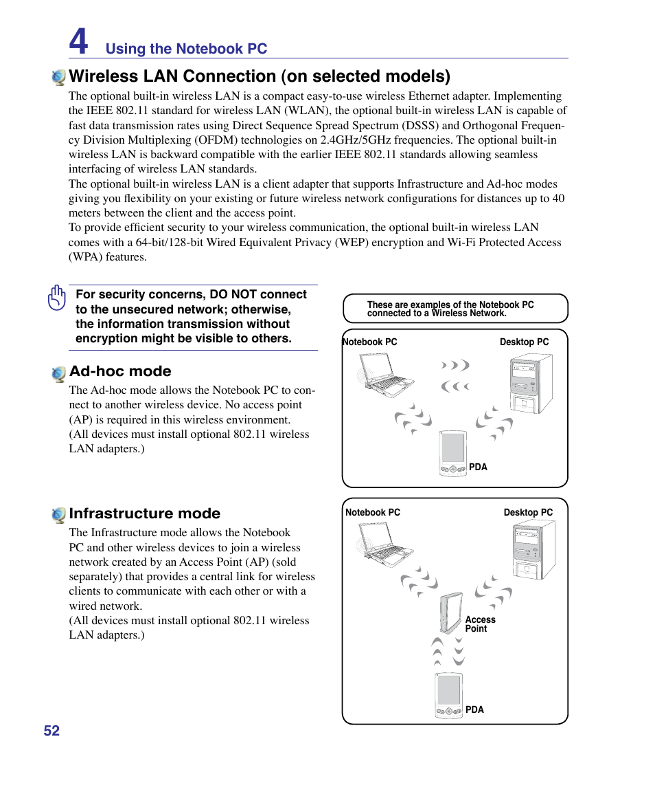 Wireless lan connection (on selected models) | Asus X61Z User Manual | Page 52 / 88