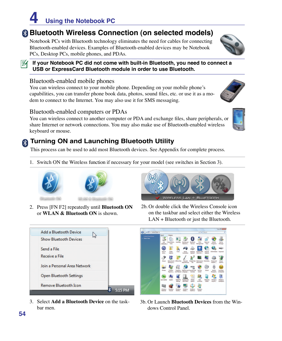 Bluetooth wireless connection (on selected models) | Asus X61Z User Manual | Page 54 / 88