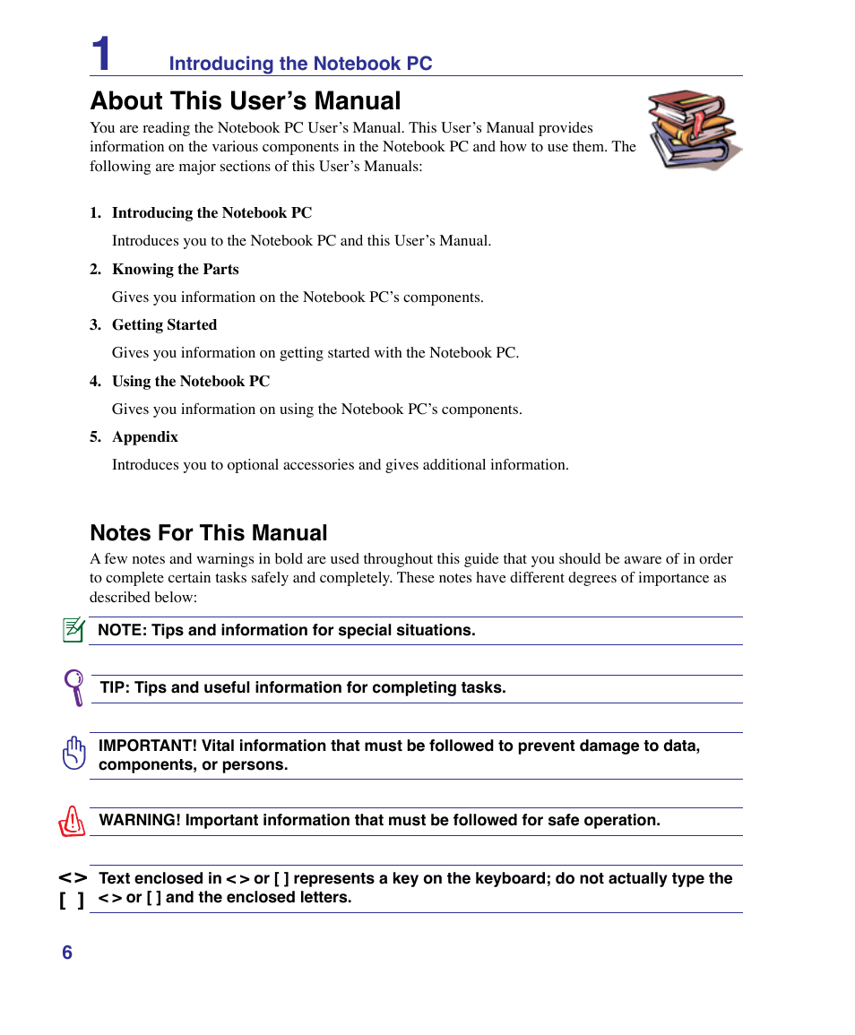 About this user’s manual, Notes for this manual | Asus X61Z User Manual | Page 6 / 88