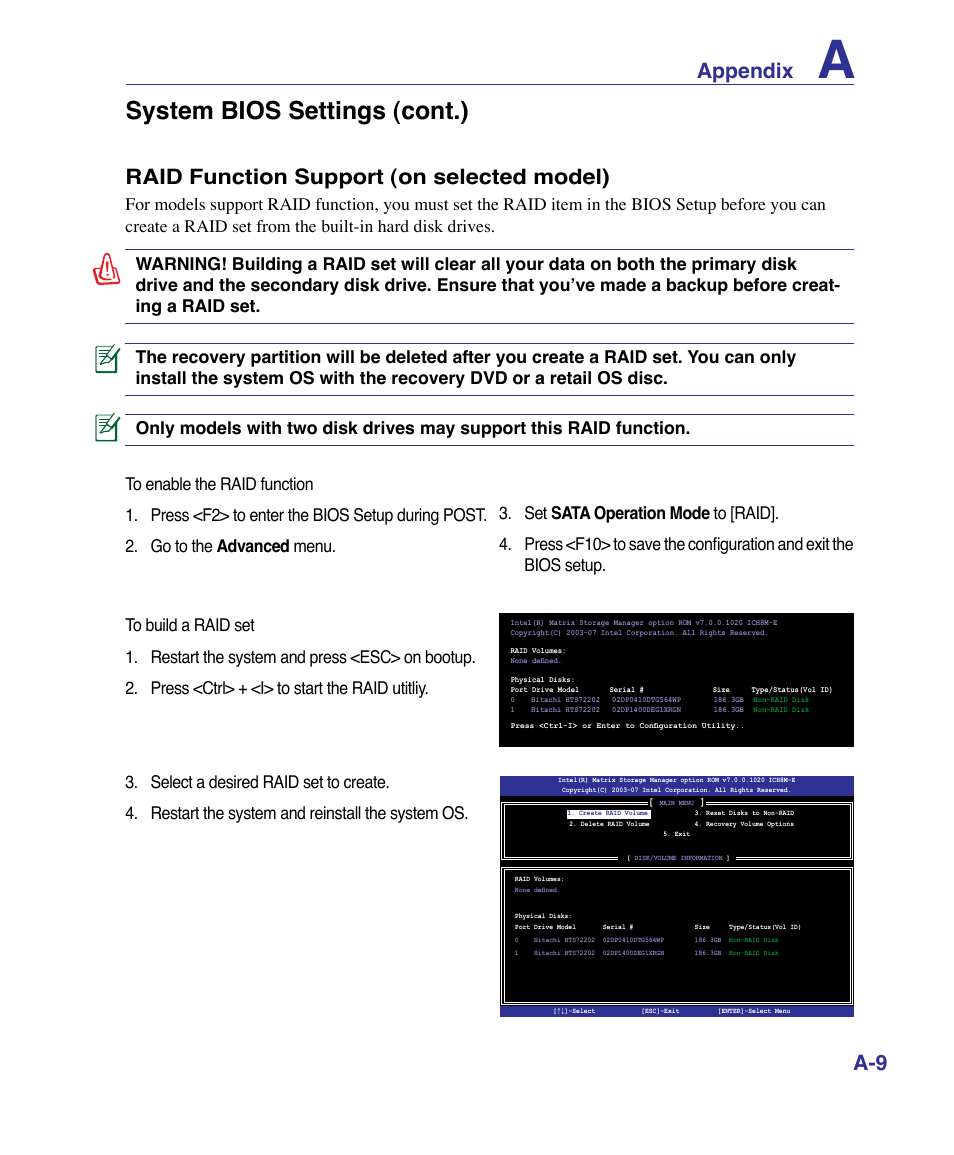 System bios settings (cont.), Appendix, Raid function support (on selected model) | Asus X61Z User Manual | Page 63 / 88