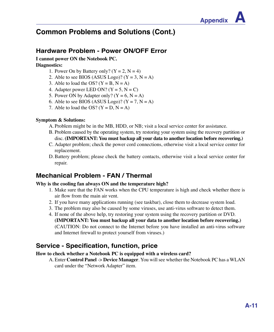 Common problems and solutions (cont.) | Asus X61Z User Manual | Page 65 / 88