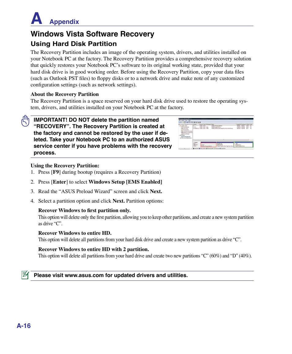 Windows vista software recovery | Asus X61Z User Manual | Page 70 / 88