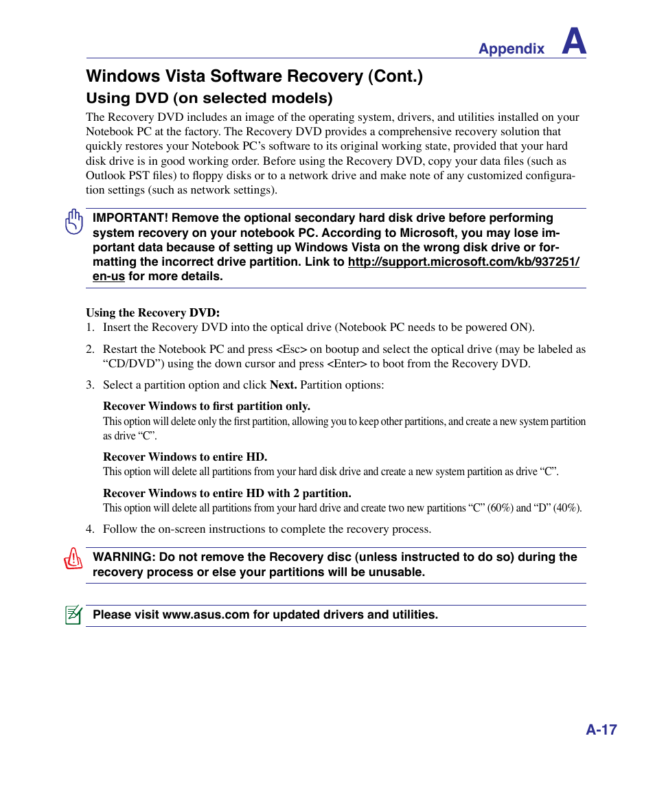 Windows vista software recovery (cont.) | Asus X61Z User Manual | Page 71 / 88