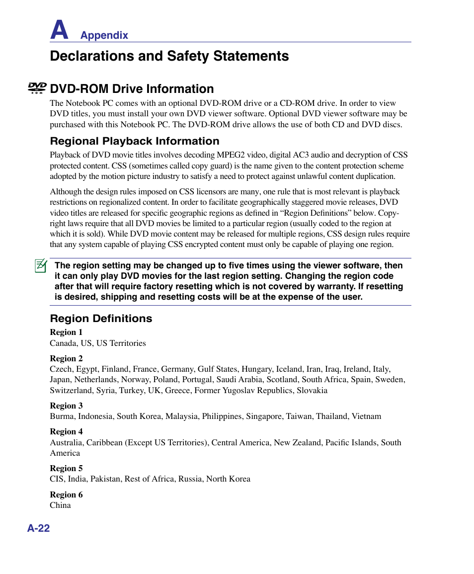 Declarations and safety statements, Dvd-rom drive information | Asus X61Z User Manual | Page 76 / 88