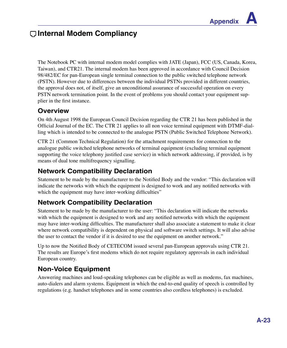 Internal modem compliancy | Asus X61Z User Manual | Page 77 / 88