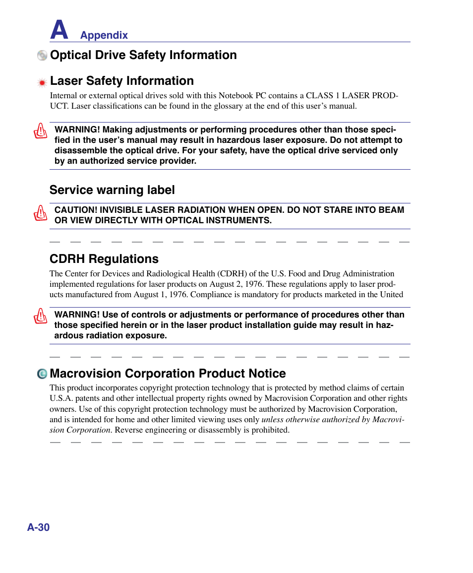 Service warning label, Cdrh regulations, Macrovision corporation product notice | Asus X61Z User Manual | Page 84 / 88