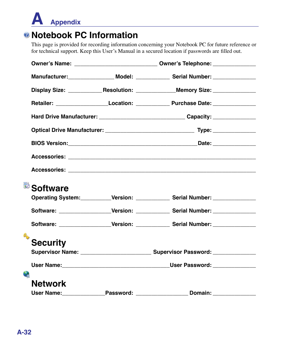 Notebook pc information, Software, Security | Network | Asus X61Z User Manual | Page 86 / 88