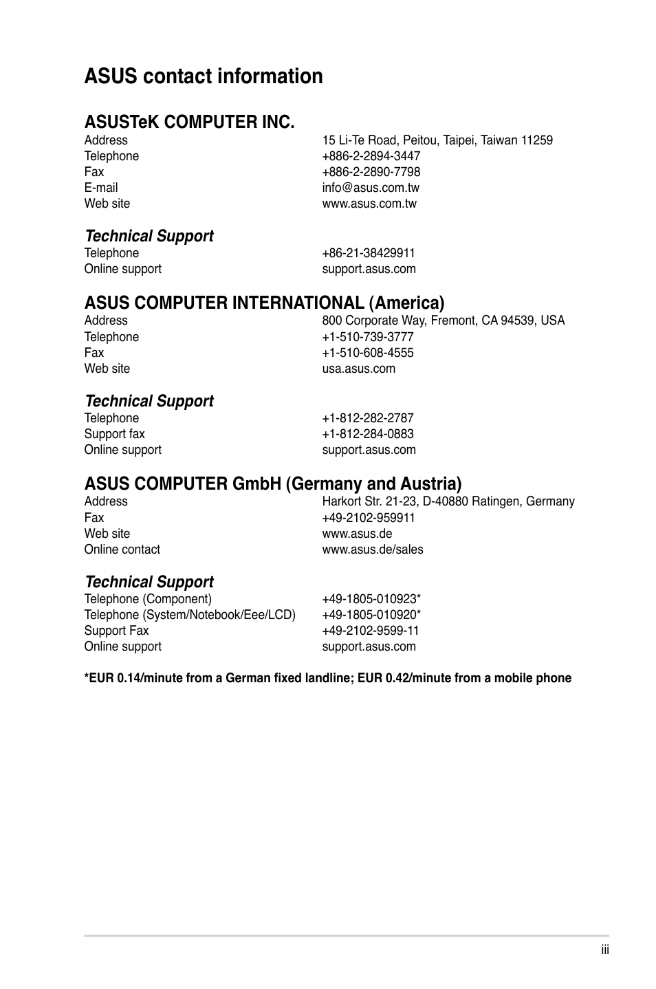 Asus contact information, Asustek computer inc, Asus computer international (america) | Asus computer gmbh (germany and austria), Technical support | Asus BP5220 User Manual | Page 3 / 34