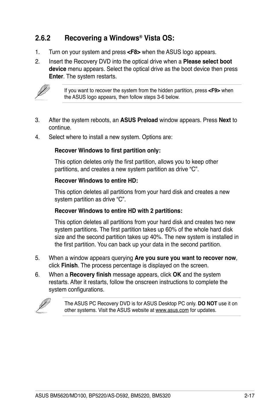 2 recovering a windows, Vista os | Asus BP5220 User Manual | Page 33 / 34