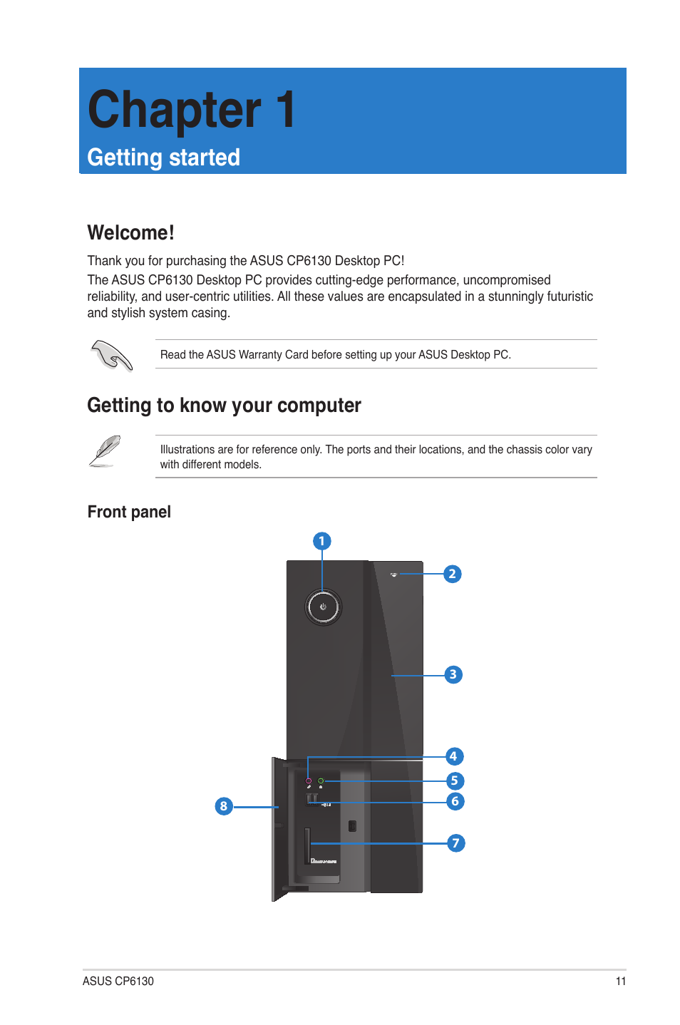 Chapter 1: getting started, Welcome, Getting to know your computer | Getting started, Welcome! getting to know your computer, Chapter 1 | Asus CP6130 User Manual | Page 11 / 70