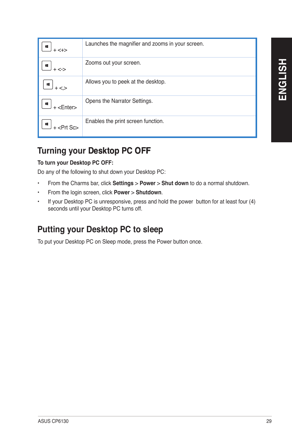 Turning your desktop pc off, Putting your desktop pc to sleep, En gl is h en gl is h | Asus CP6130 User Manual | Page 29 / 70