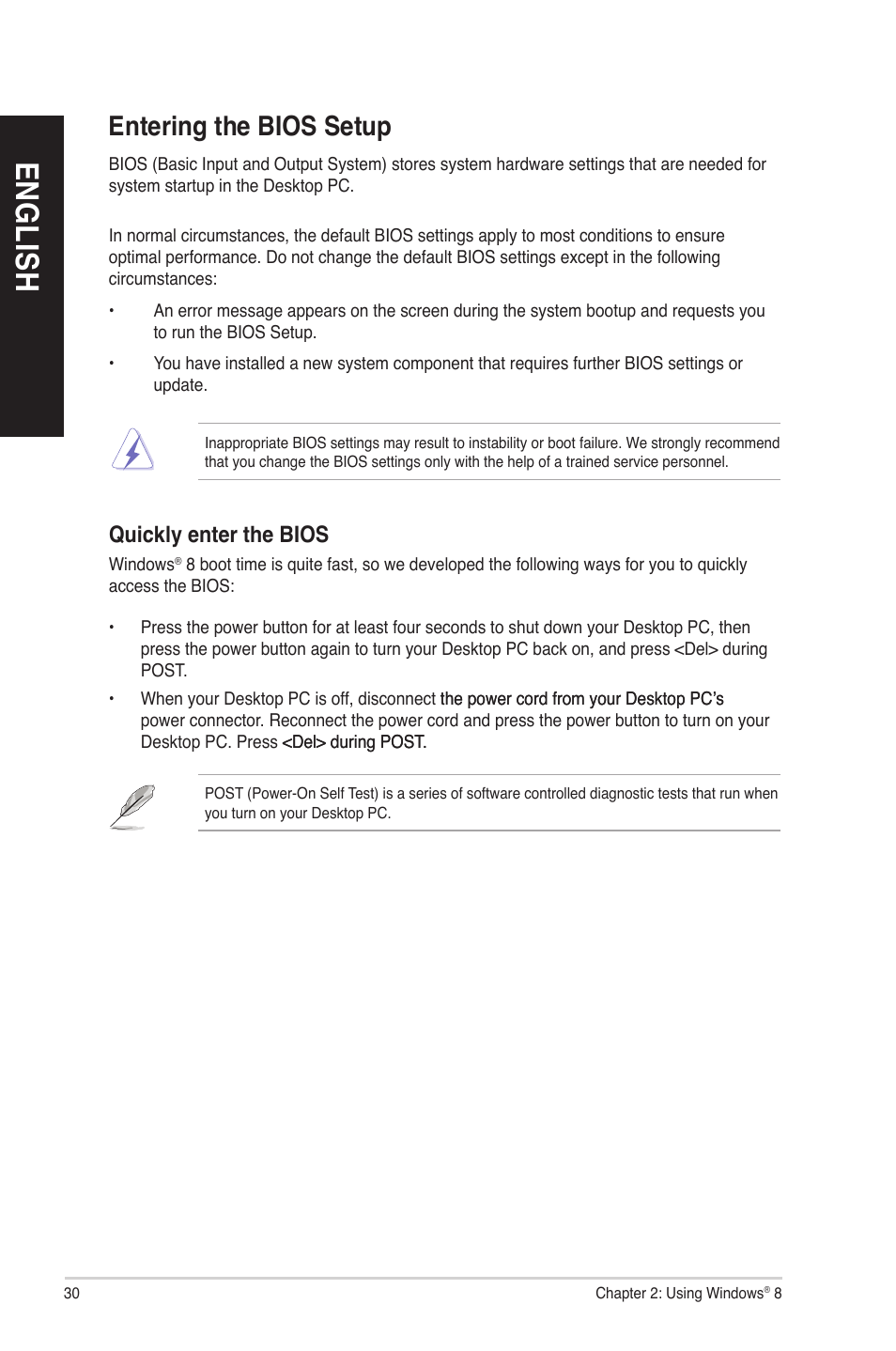 Entering the bios setup, En gl is h en gl is h | Asus CP6130 User Manual | Page 30 / 70