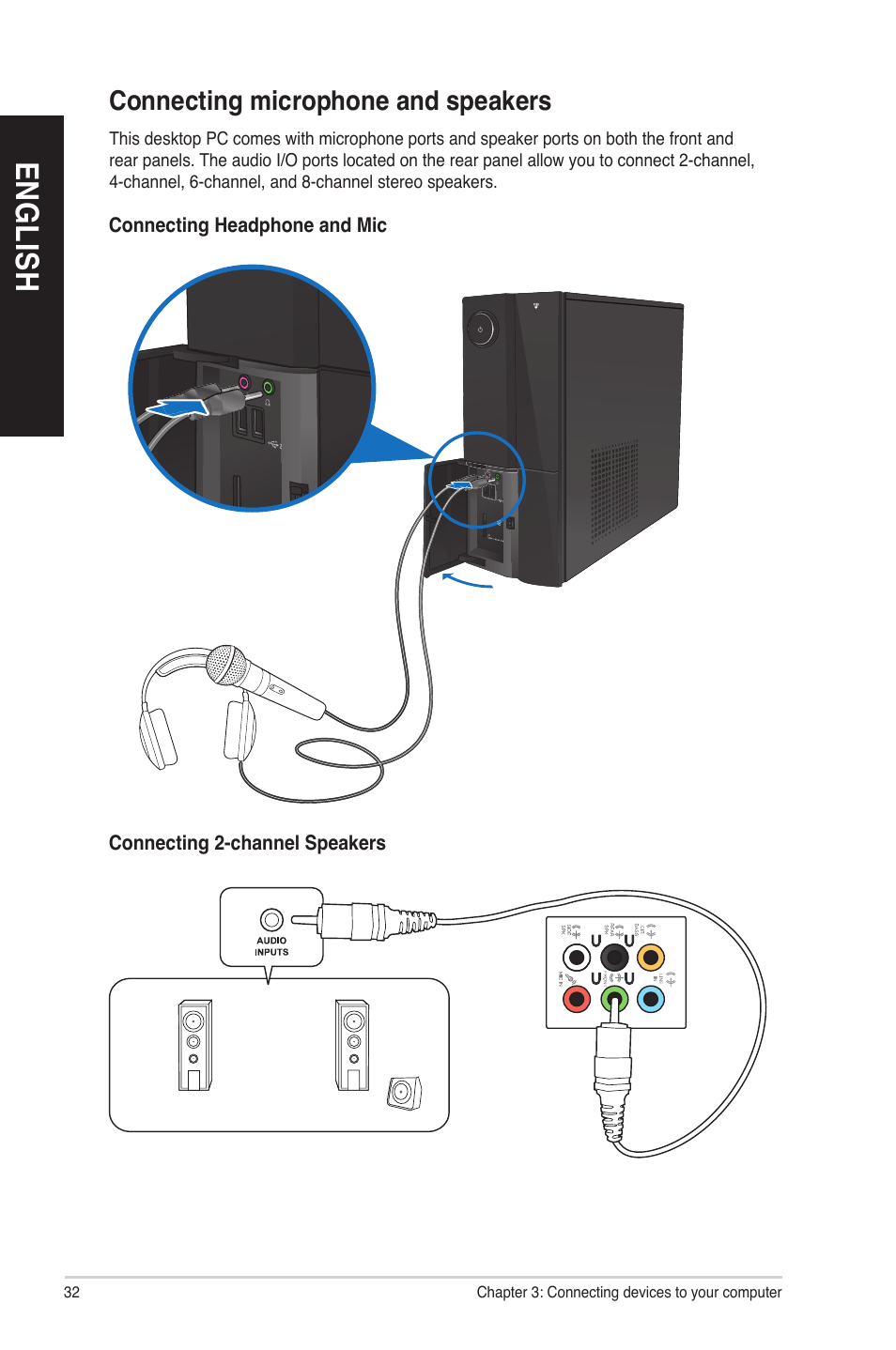 Connecting microphone and speakers, En gl is h en gl is h en gl is h en gl is h | Asus CP6130 User Manual | Page 32 / 70