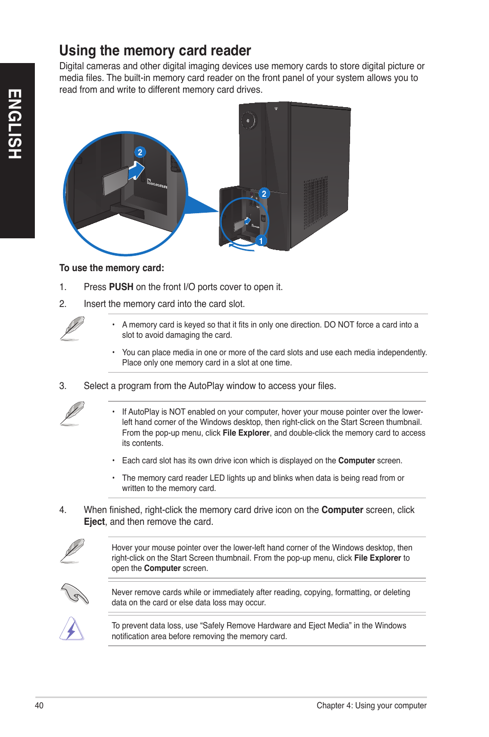 Using the memory card reader, En gl is h en gl is h en gl is h en gl is h | Asus CP6130 User Manual | Page 40 / 70